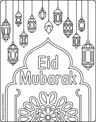 Happy eid mubarak greeting coloring page for toddler with beautiful mosque and lantern outline vector