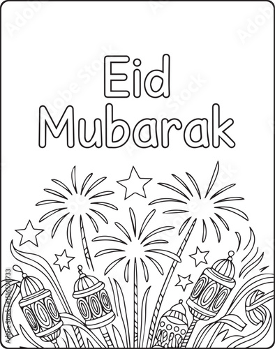 Eid mubarak greeting coloring page for kids with fireworks, moon, stars decorated outline vector