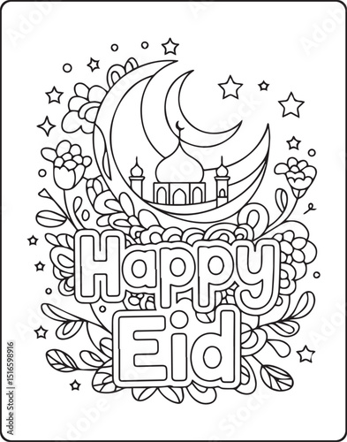 Happy eid with mosque and crescent moon vector outline illustration coloring page for kids