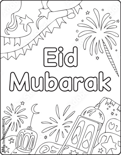 Eid mubarak greeting coloring page for kids with fireworks, moon, stars decorated outline vector