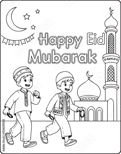 Muslim kids celebrating eid in front of beautiful mosque, moon, stars vector line art illustration for children coloring page or book design