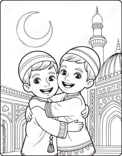 Muslim kids celebrating eid in front of beautiful mosque, moon, stars vector line art illustration for children coloring page or book design