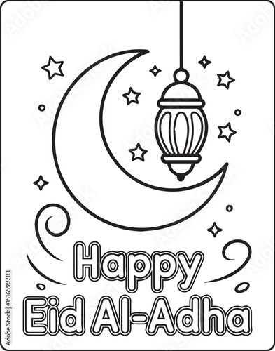 Happy eid al adha mubarak coloring page for kids with hanging lantern, crescent moon, stars outline vector illustration