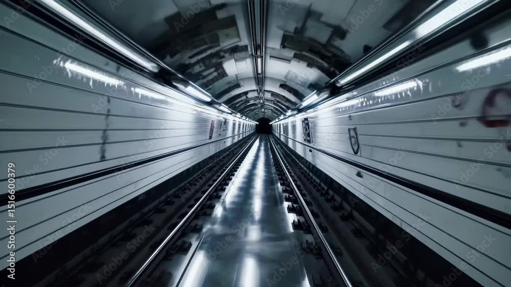 A rail tunnel stretches in mirror like symmetry, pale lights guide through the rail tunnel while steel tracks vanish to infinity inside the silent rail tunnel. Concept urban transit.