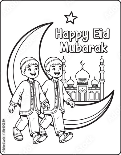 Cute muslim kids celebrating eid in front of mosque vector outline for children coloring page design