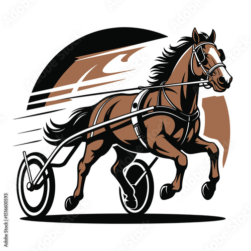 Powerful brown horse racing in harness cart