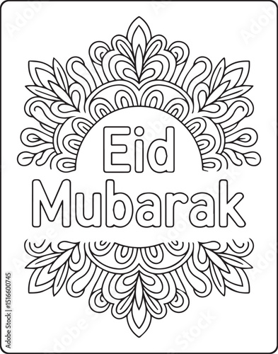 Eid mubarak greeting with floral mandala pattern vector line art illustration coloring page for kids and adults