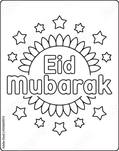 Eid mubarak greeting with floral mandala pattern vector line art illustration coloring page for kids and adults