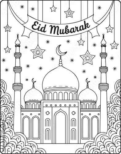 Happy eid mubarak greeting coloring page for kids with traditional mosque and doodle decorated