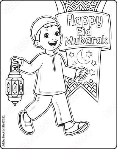 Muslim kid celebrating eid with holding tradition lantern in front of mosque happy eid mubarak vector outline for children coloring page design