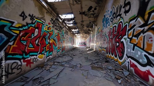 An abandoned corridor stretches through graffiti clad ruins, echoes fill the abandoned corridor with hush while soft rays cross debris, framing the abandoned corridor. Concept urban decay.