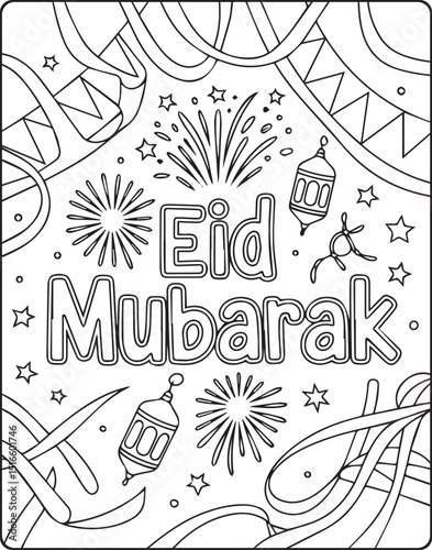 Eid mubarak greeting coloring page with fireworks, moon, stars doodle decoration vector line art