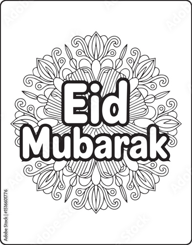 Eid mubarak greeting with floral mandala pattern vector line art illustration coloring page for kids and adults