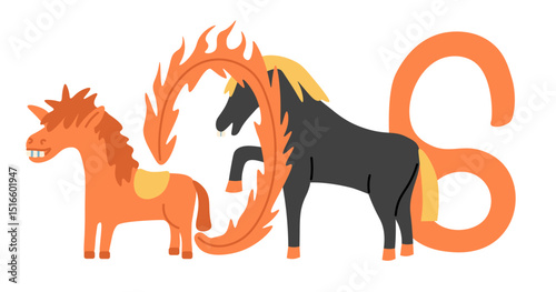 2026 new year number with horses in doodle. Year of fire horse illustration for decoration design mail posts postcards poster print invitation background backdrop wrapping wallpaper banner textile
