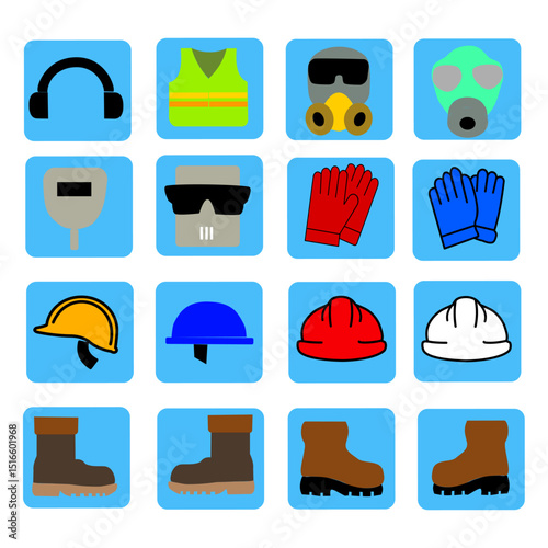 This safety icon set features clear, professional illustrations representing essential PPE and workplace safety elements, ideal for construction sites, manuals, signage, and safety awareness campaigns
