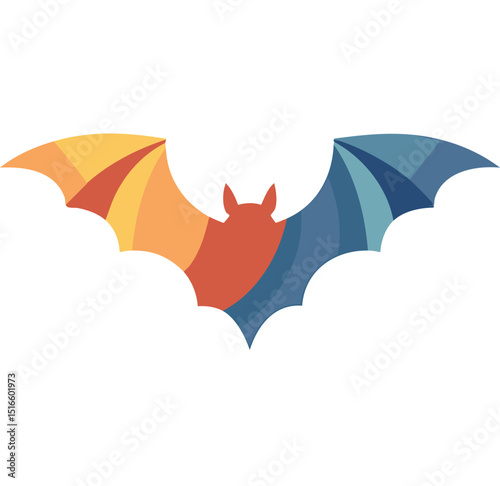 Vector Art of a Polygonal Bat with Colorful Wings Blending Cool Navy Blues and Warm Yellow-Oranges, Emphasizing Geometric Shapes and Graphic Design