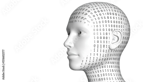 Profile of a stylized head with binary code