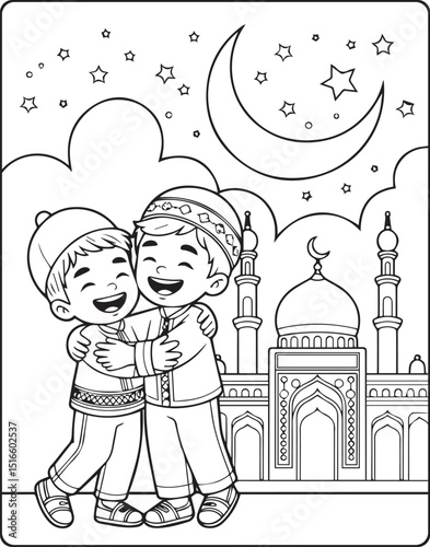 Cute muslim kids celebrating eid in front of mosque vector outline for children coloring page design