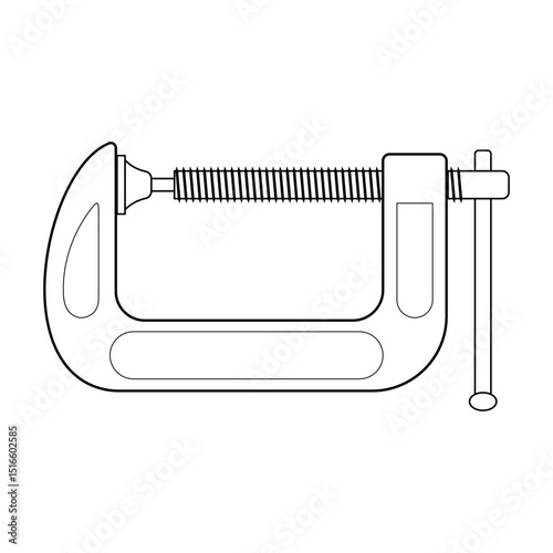 G-Clamp Industrial Tool with Screw Mechanism Outline Vector Illustration. A detailed of the clamp, highlighting its curved frame, threaded screw mechanism, swivel pad and handle bar for tightening.
