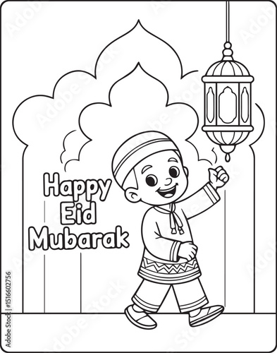 Muslim kid celebrating eid with holding tradition lantern in front of mosque happy eid mubarak vector outline for children coloring page design