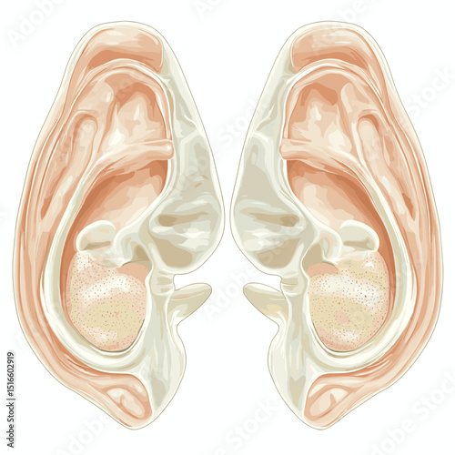 Detailed Anatomical Illustration of Human Ears in Cream and Beige Tones on White Background Showing Structure and Cartilage
