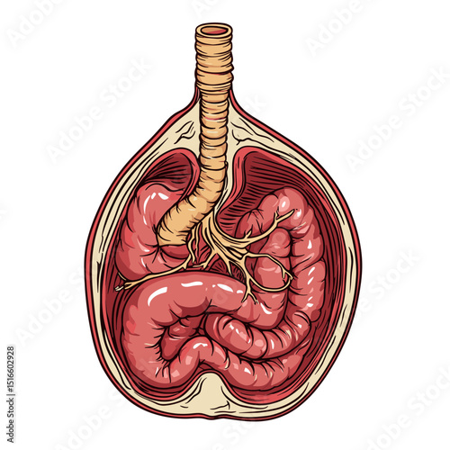 Detailed Anatomical Illustration of Human Digestive System with Intestines Colon and Abdomen Visualized on White Background
