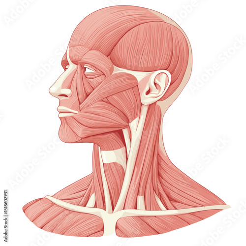 Detailed Anatomical Illustration of Human Head and Neck Muscles on White Background with Pink Muscle Tones Perfect for Medical and Educational Purposes