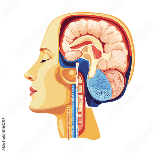 Detailed Anatomical Illustration of Human Head Brain and Skull Cross Section Showing Internal Structure with Yellow and Blue Color Scheme