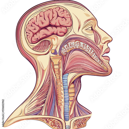 Detailed Anatomical Illustration of Human Head Internal Structure Brain and Neck Muscles in Cross Section Medical Diagram with Vintage Style
