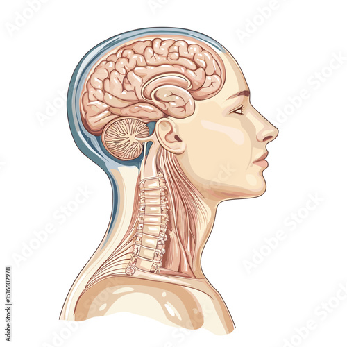 Detailed Anatomical Illustration of Human Head Profile Featuring Brain and Neck Structure Against Isolated White Background
