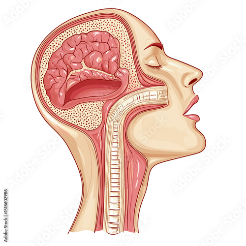 Detailed Anatomical Illustration of Human Head Profile Depicting Brain Structure Internal Organs and Spinal Cord in Educational Graphic