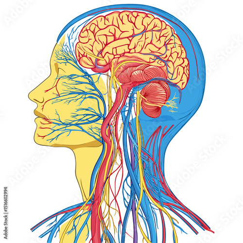 Detailed Anatomical Illustration of Human Head Profile with Brain Blood Vessels and Nervous System in Vibrant Colors on White Background
