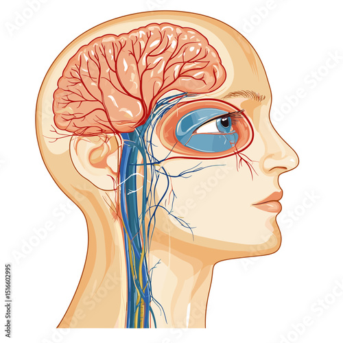 Detailed Anatomical Illustration of Human Head Showing Brain Eye and Vascular System with Nerves and Arteries