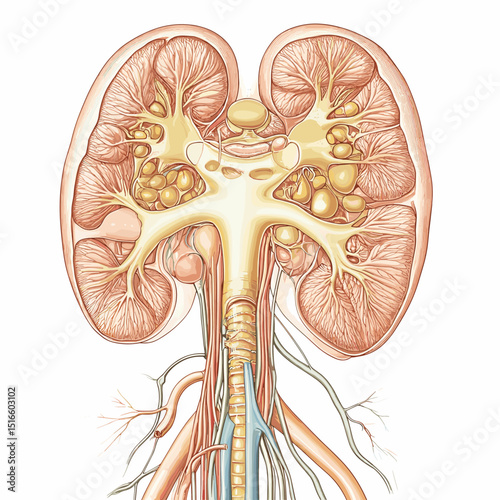 Detailed Anatomical Illustration of Human Kidney Structure Featuring Renal Cortex Medulla and Ureter
