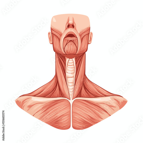 Detailed Anatomical Illustration of Human Neck Musculature Frontal View on White Background for Educational or Medical Purposes