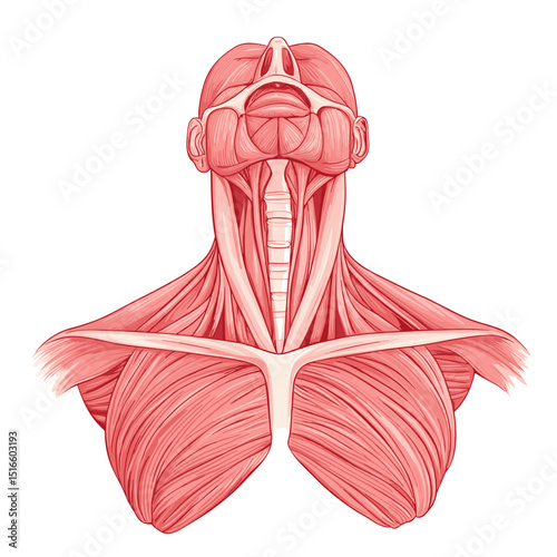 Detailed Anatomical Illustration of Human Neck Shoulder and Torso Muscles in Salmon Color on White Background