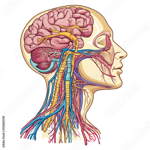 Detailed Anatomical Illustration of the Human Head Showing Brain Nerves Arteries Veins and Skull on a White Background