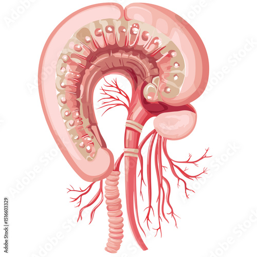 Detailed Anatomical Illustration of the Human Intestine featuring Cross Section and Vascular Structure in Natural Light on White