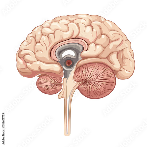 Detailed Human Brain Anatomy Illustration Showing Cerebrum Cerebellum and Spinal Cord in Sagittal Section with a Medical and Scientific Focus