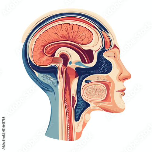 Detailed Human Head Anatomy Illustration Showing Brain Structure in Cross Section Medical Diagram With Accurate Cutaway Profile