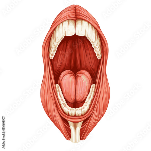 Detailed Illustration of an Open Human Mouth Showing Tongue and Oral Cavity with Pink and Red Tones on White Background