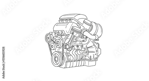 A detailed line drawing depicts a car engine with pistons belts and various mechanical parts