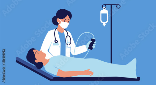 A doctor examines a patient using a medical device with an IV drip in the background
