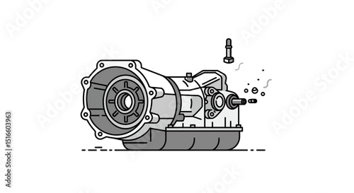 A grayscale diagram of a car transmission with a bolt hovering and a few droplets emitting from the side
