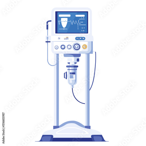 Detailed Illustration of Modern Medical Ventilator on White Background Showing Respiratory Support Equipment in Hospital