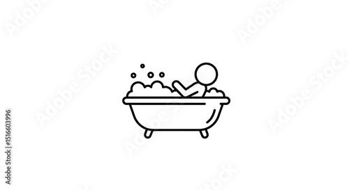 A line drawing shows a person relaxing in a bathtub filled with bubbly soap
