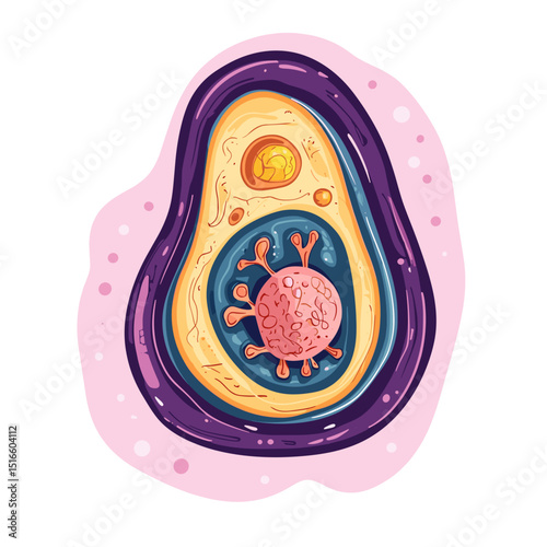 Detailed Illustration of Virus Cell Structure Showing Inner Components in Biological Study Style with Decorative Pink and White Background
