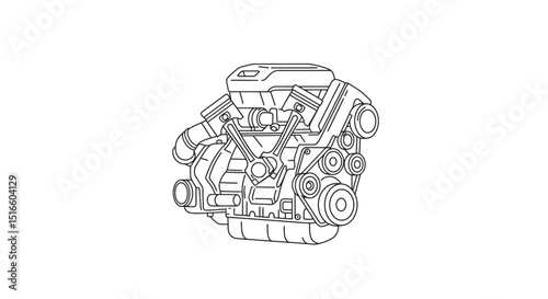 An engine drawing in black outline stands alone on a white background
