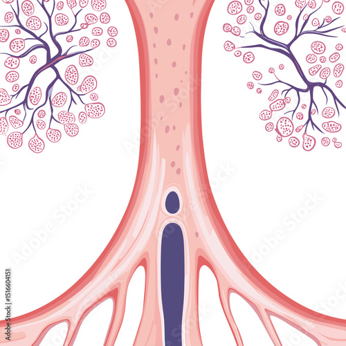 Detailed Lung Anatomy Illustration of Alveoli and Bronchioles in Cross Section Graphic Showing Respiratory System Structure and Bronchial Network