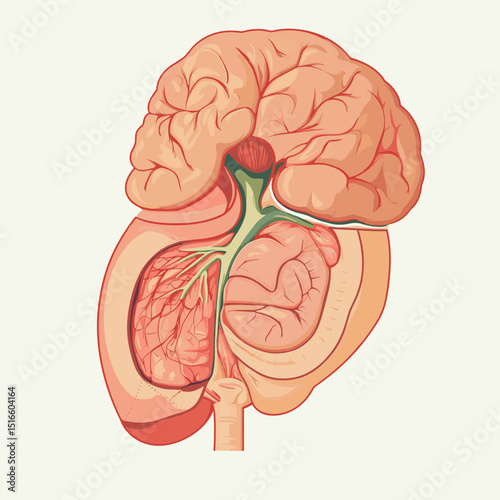 Detailed Kidney Structure Illustration with Veins and Arteries and cross section in Peach and Beige Colors on Light Background